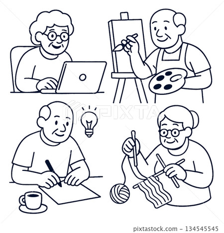 Isolated separated layered lineart outline of elderly people doing creative activities with Isolated separated layered lineart outline of elderly people doing creative activities with 134545545