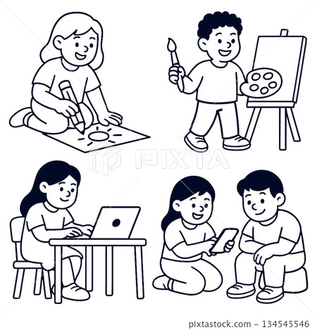 Isolated children separated in layered lineart outline style drawing, creative and happy emotion 134545546