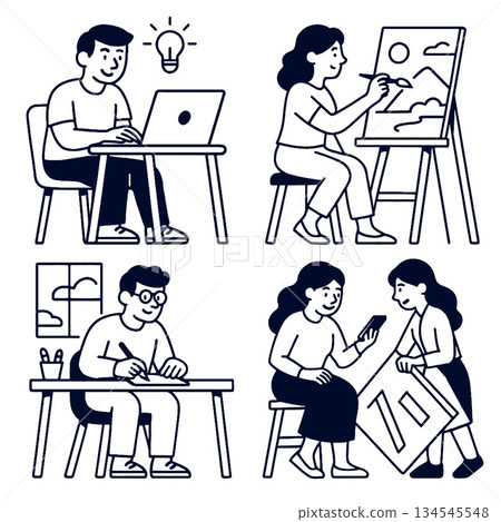 Isolated separated layered lineart outline illustration showing creative people working laptop 134545548