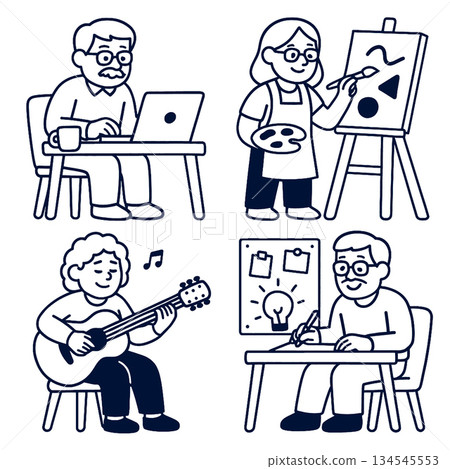 Isolated separated layered lineart outline of elderly people doing creative activities including Isolated separated layered lineart outline of elderly people doing creative activities including 134545553