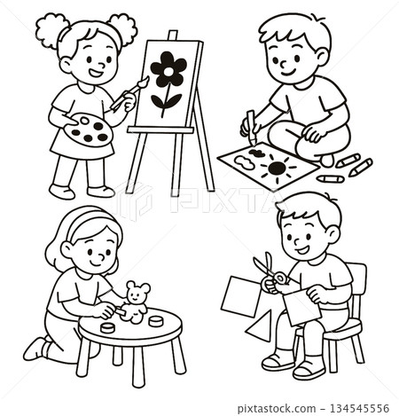 Isolated children separated layered lineart outline style doing creative art activities happily Isolated children separated layered lineart outline style doing creative art activities happily 134545556
