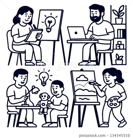 Isolated separated layered lineart outline of creative people drawing painting and working 134545558