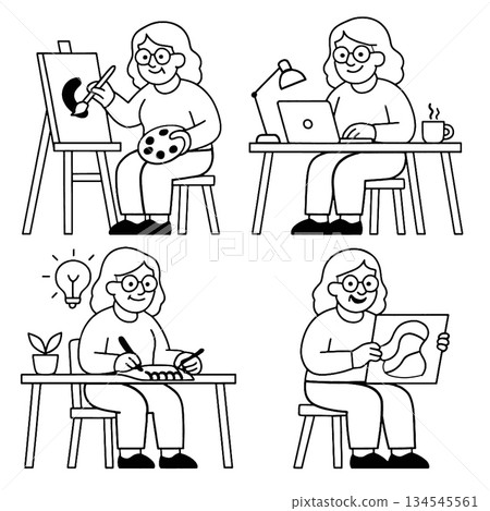 Isolated separated layered lineart outline illustration of woman artist working painting 134545561
