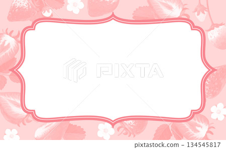Hand-drawn strawberry illustration antique frame_Textless horizontal_Pink background 134545817