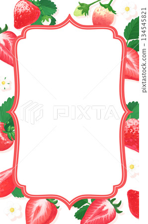 Hand-drawn strawberry illustration antique frame_vertical without text 134545821