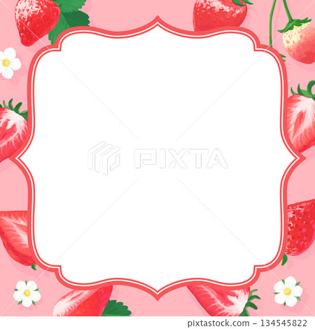Hand-drawn strawberry illustration antique frame_square_pink background Hand-drawn strawberry illustration antique frame_square_pink background 134545822