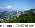 Panoramic aerial view of Darjeeling town nestled in the green Himalayan mountains under a clear blue sky in West Bengal India 134546100