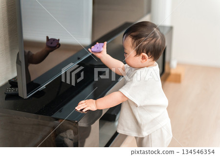 Baby standing up in the living room at home (walking, growth, development) 134546354