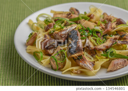 Pasta with canned mackerel and shimeji mushrooms Pasta with canned mackerel and shimeji mushrooms 134546801