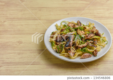 Pasta with canned mackerel and shimeji mushrooms 134546806
