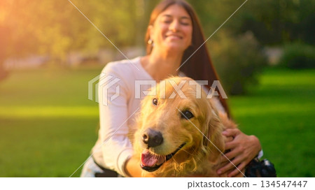 Golden retriever dog cuddling with happy woman in park Golden retriever dog cuddling with happy woman in park 134547447