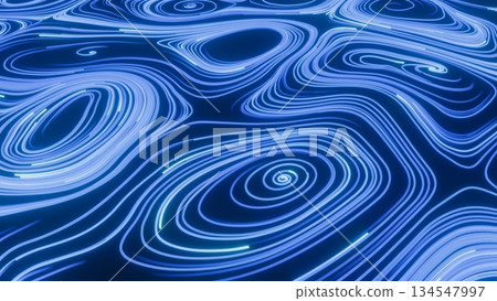 以藍色光線勾勒出的漩渦圖案為特色的CG特效背景。一幅奇幻而優雅的插畫，令人聯想到數位時代的枯山水花園。 134547997