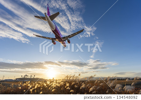 黃昏時分的仙台機場，飛機降落，宮城縣名取市 134548092