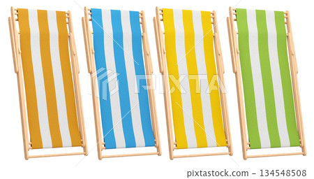 Set of striped beach chairs for summer getaways isolated on white background. 134548508