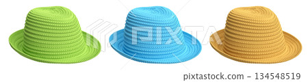 Set of woven straw hats shown from different angles isolated on white background, showcasing summer fashion accessories Set of woven straw hats shown from different angles isolated on white background, showcasing summer fashion accessories 134548519