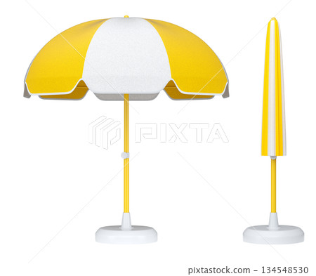 Set of striped beach umbrellas for summer getaways isolated on white background. 134548530