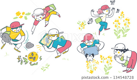 孩子們戴著紅白相間的帽子,在生活課上進行自然觀察時被拍攝。資訊通信技術教育/生動有趣的平板電腦學習系列。 孩子們戴著紅白相間的帽子,在生活課上進行自然觀察時被拍攝。資訊通信技術教育/生動有趣的平板電腦學習系列。 134548728