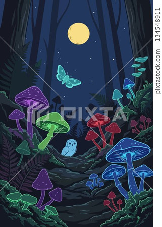 Enchanted Forest with Glowing Mushrooms and Owl at Night Enchanted Forest with Glowing Mushrooms and Owl at Night 134548911