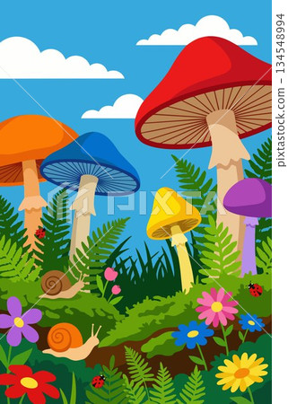 Colorful mushrooms and snails in a vibrant forest illustration 134548994