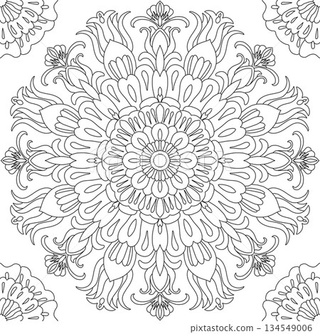 Intricate circular floral mandala line art for adult coloring page and meditation Intricate circular floral mandala line art for adult coloring page and meditation 134549006