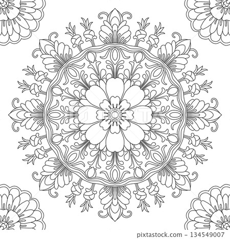 Intricate floral mandala ornament for adult coloring page and zen meditation line art Intricate floral mandala ornament for adult coloring page and zen meditation line art 134549007