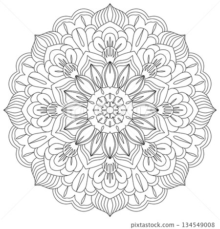 Intricate circular floral mandala line art for adult coloring and stress relief 134549008