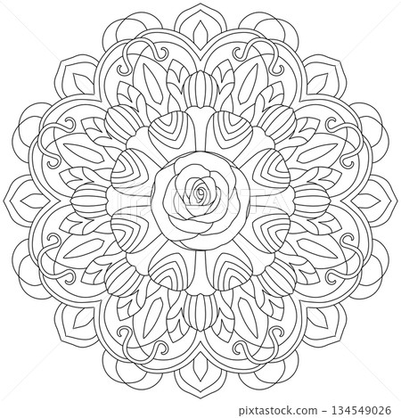 Beautiful rose flower mandala line art for adult coloring page and zen meditation relaxation 134549026