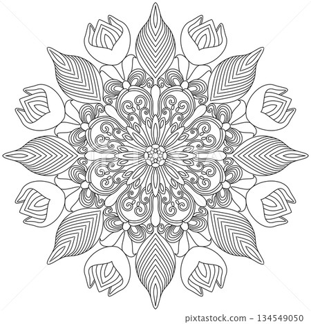 Intricate tulip flower and swirl vine mandala line art for adult coloring page and zen meditation Intricate tulip flower and swirl vine mandala line art for adult coloring page and zen meditation 134549050