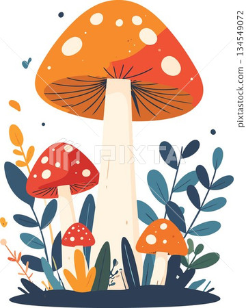 Colorful abstract illustration of mushrooms with leaves and plants Colorful abstract illustration of mushrooms with leaves and plants 134549072