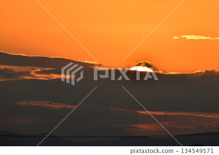 Yokohama cityscape in Japan. Airplane... Japan's economic gloom... Sunset between the clouds. Orange-tinted sky... What will tomorrow bring... 134549571