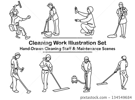 庫存插圖：一組以線條畫形式展現清潔人員工作場景的插圖。 134549684