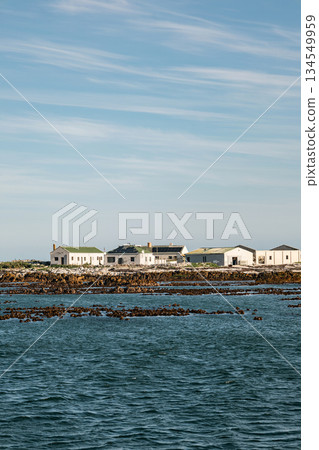 Cluster of white coastal cottages with green roofs on rocky shoreline 134549959