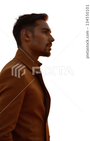 A charismatic man in desert brown, his gaze fixed beyond a glowing horizon line, symbolizing visionary leadership, horizon expansion A charismatic man in desert brown, his gaze fixed beyond a glowing horizon line, symbolizing visionary leadership, horizon expansion 134550101