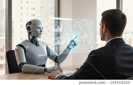 Future Financial Advisor. A calm, reassuring android with a clean, minimalist design sits across a desk from a human client Future Financial Advisor. A calm, reassuring android with a clean, minimalist design sits across a desk from a human client 134550103