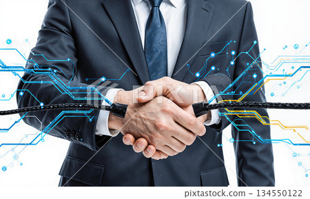 Network cables forming handshake shape, clean background, digital partnership metaphor. 134550122