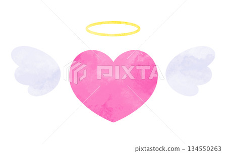 Hand-painted watercolor illustration of a simple heart with angel wings and a halo, pink 134550263