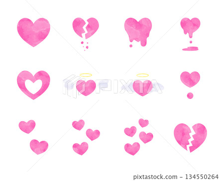 Simple hand-drawn watercolor illustration set of various hearts in pink 134550264