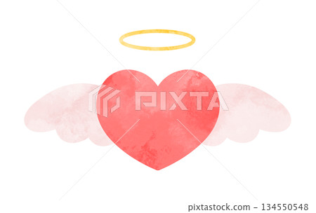Hand-drawn watercolor illustration of a simple heart with angel wings and a halo, red 134550548