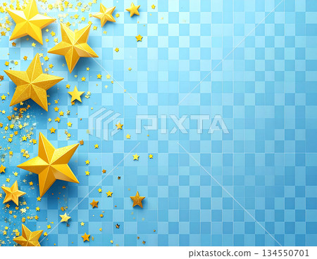A checkered background of hand-drawn tiles with a refreshing light blue and stars 134550701