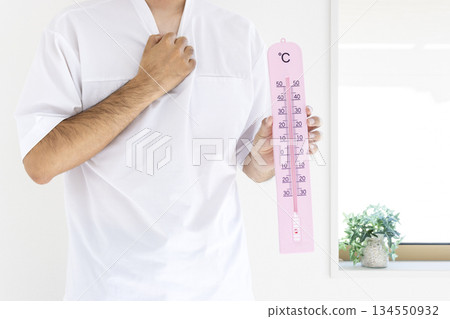 Man holding a large thermometer (Japanese, faceless, 30s) _ Summer 134550932