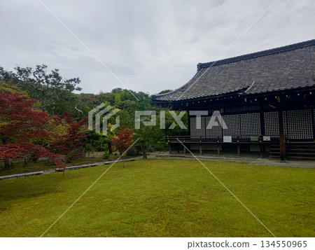 A Japanese garden and ancient architecture reflecting the changing seasons 134550965