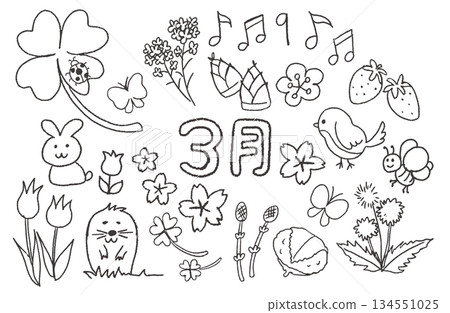 March hand-drawn illustration material, animal, food and flower set, monochrome 134551025