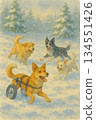 A gentle watercolor illustration of a dog running in the snow with its wheelchair companion. 134551426