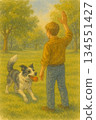 A boy playing fetch with his dog on the grass - a gentle watercolor illustration. 134551427