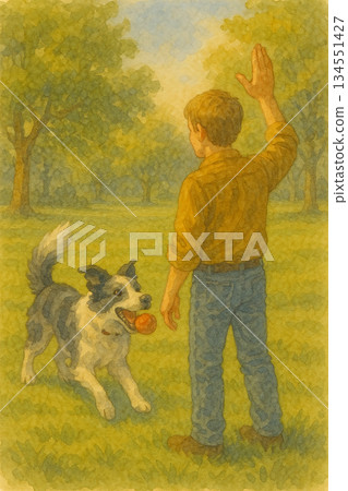 A boy playing fetch with his dog on the grass - a gentle watercolor illustration. 134551427