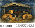 A stray dog and cat huddling together for warmth in the rainy night - a gentle watercolor illustration. 134551428