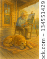 An elderly painter creates heartwarming watercolor illustrations in front of a wooden house, accompanied by his dog. 134551429