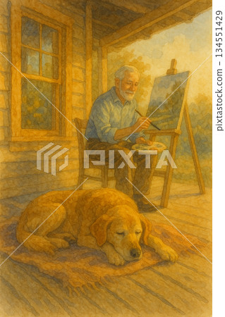 老人畫家在木屋前作畫 與狗相伴的溫暖水彩插畫 134551429