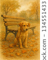 A dog waiting by a park bench in autumn - a gentle watercolor illustration. 134551433