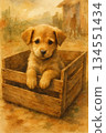 A puppy waiting to be taken away in a wooden crate - a gentle watercolor illustration. 134551434